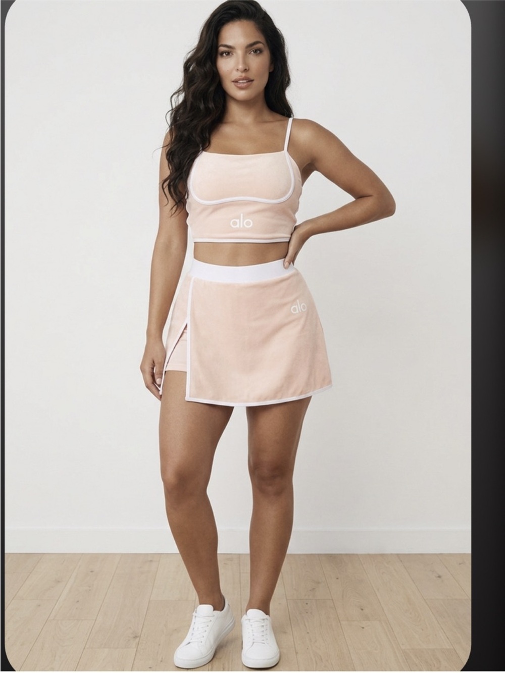 ALO Yoga Pale Pink Mini Tennis Skirt with White Trim
